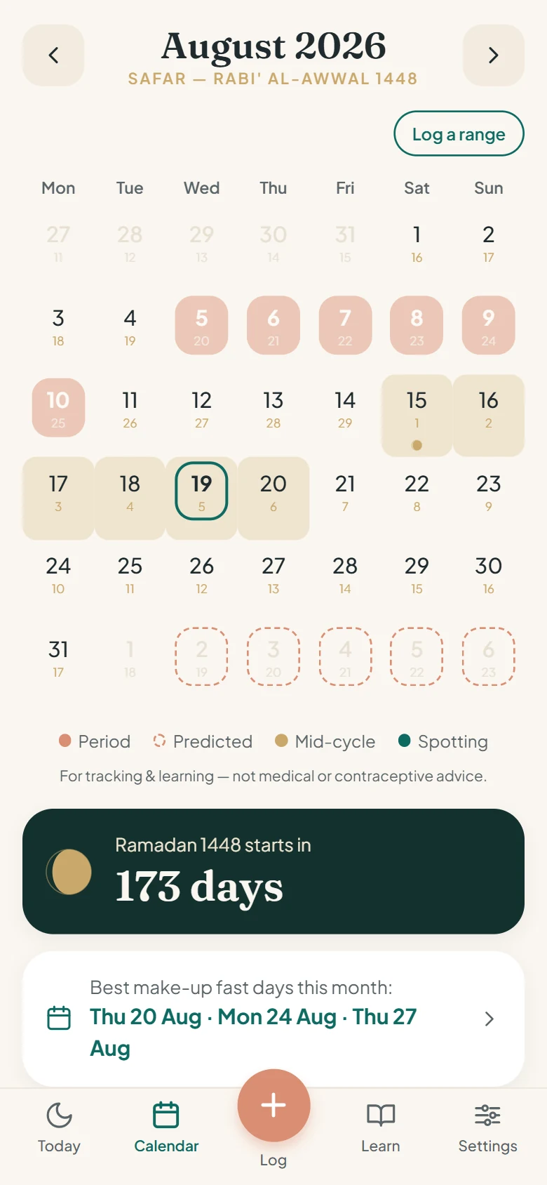 The app calendar showing each Gregorian date with its Hijri date underneath