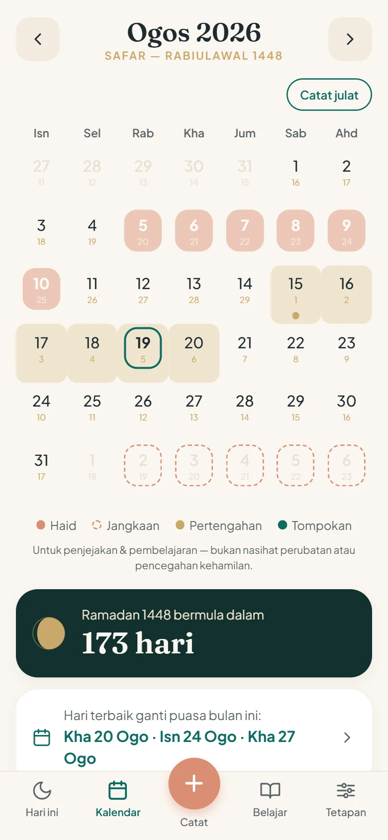 Kalendar aplikasi menunjukkan setiap tarikh Masihi dengan tarikh Hijrah di bawahnya