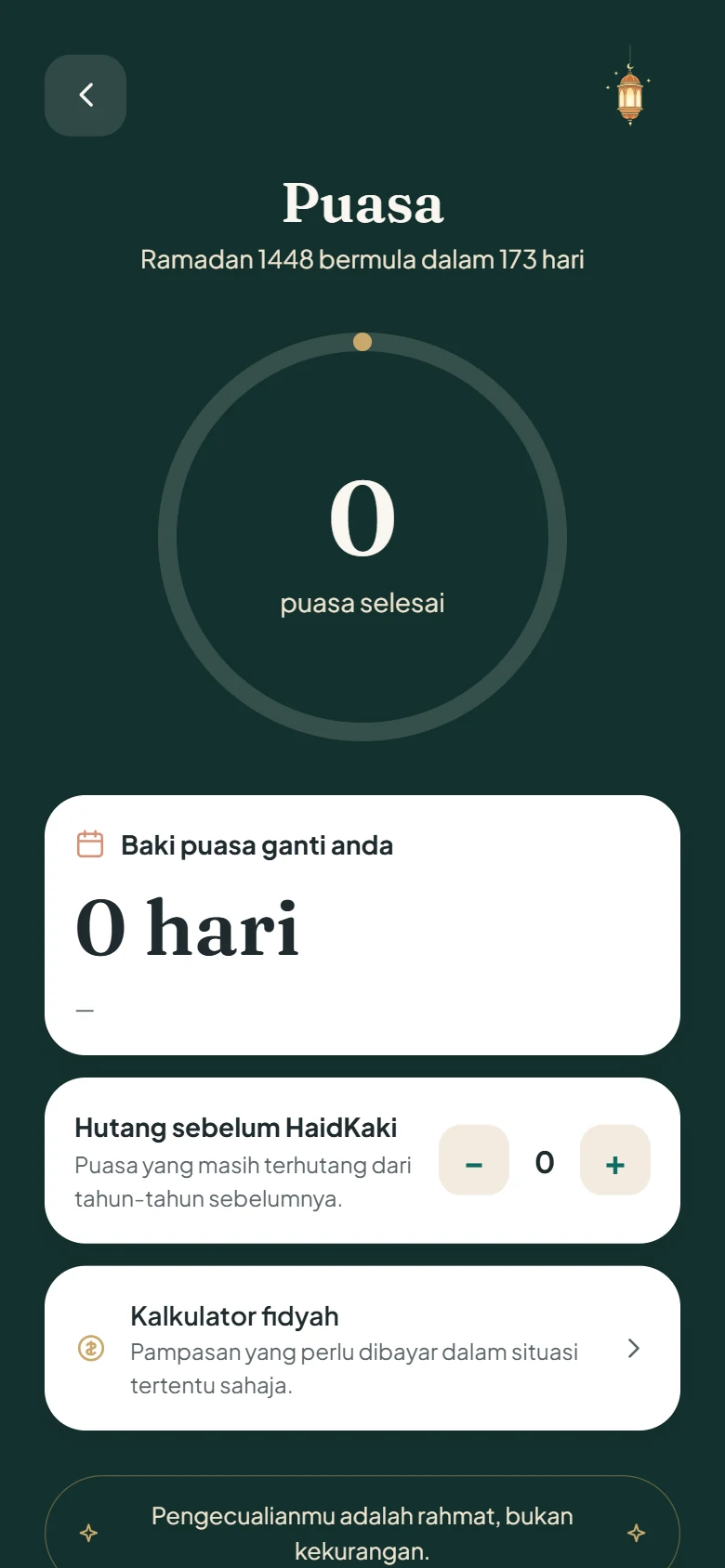 Aplikasi menunjukkan baki puasa qadha dan kalkulator fidyah