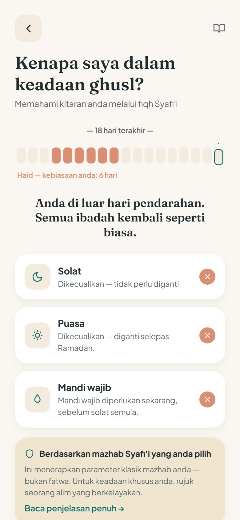 Aplikasi menerangkan mengapa dia berada dalam keadaan ghusl, mengikut mazhab Syafi’i