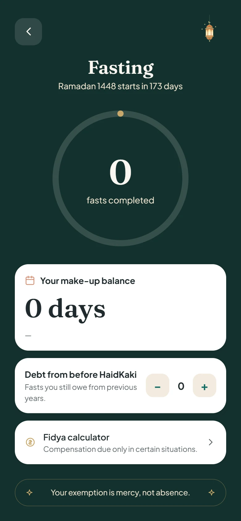 The app showing a make-up fast balance and the fidya calculator