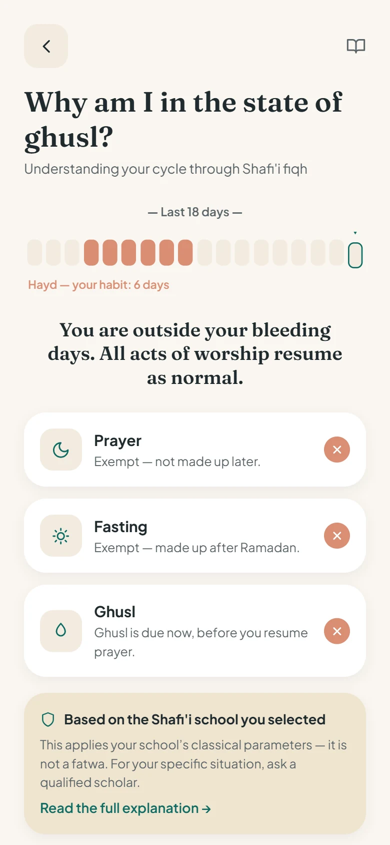 The app explaining why she is in the state of ghusl, under the Shafi’i school