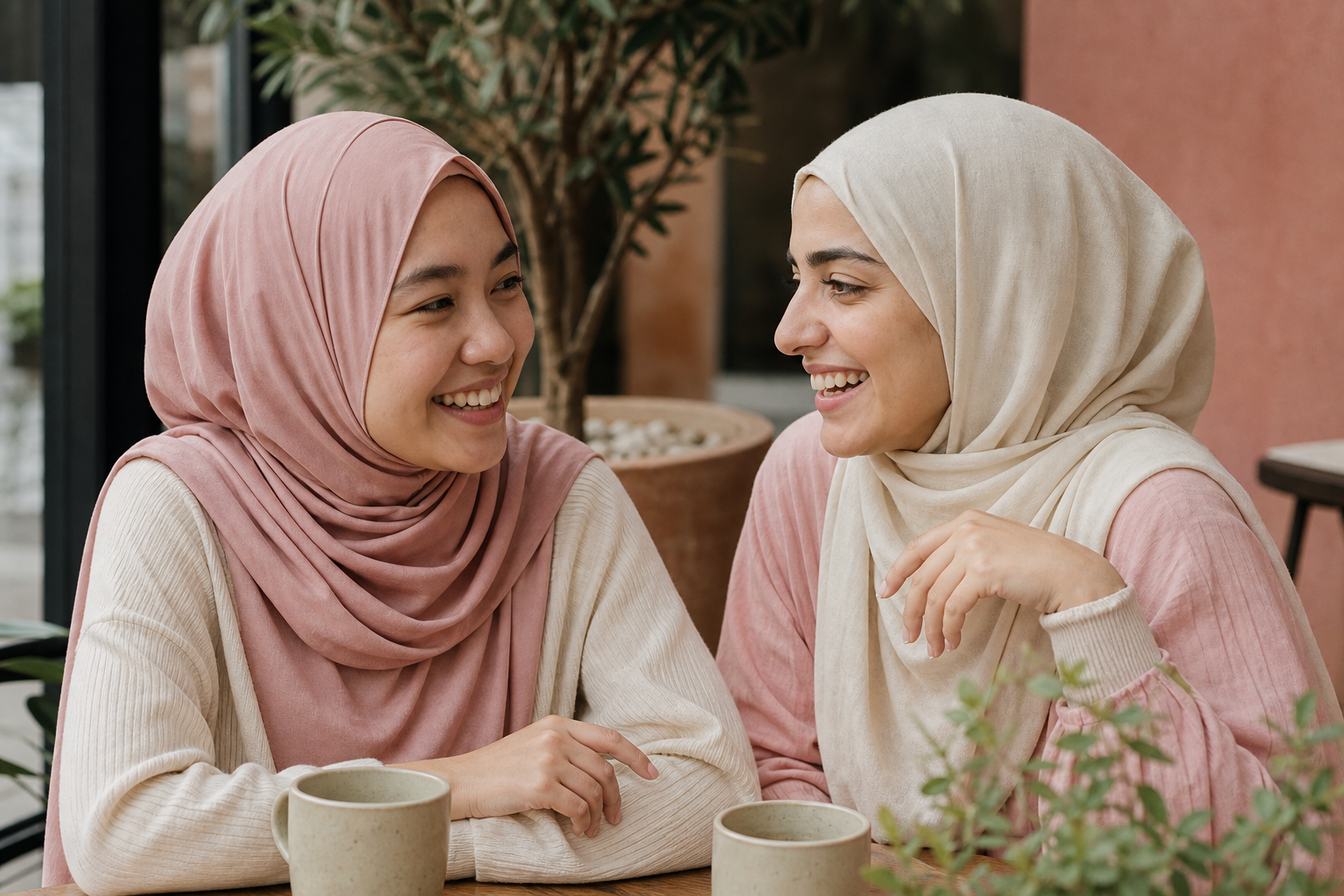Two young Muslim women talking and smiling together at a café table